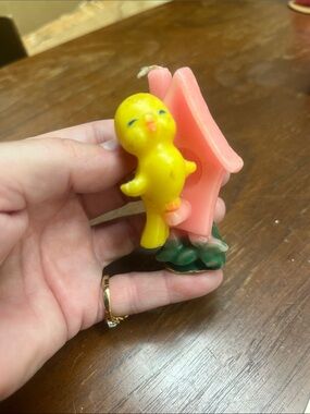 Vintage Gurley Yellow Chick Candle with Pink Birdhouse Accent